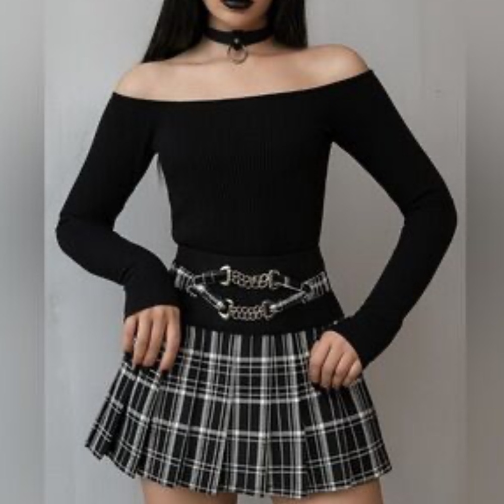 Tripp NYC Mini Skirt Large Pleated Chain Belt Black White Plaid Silver Punk Y2K